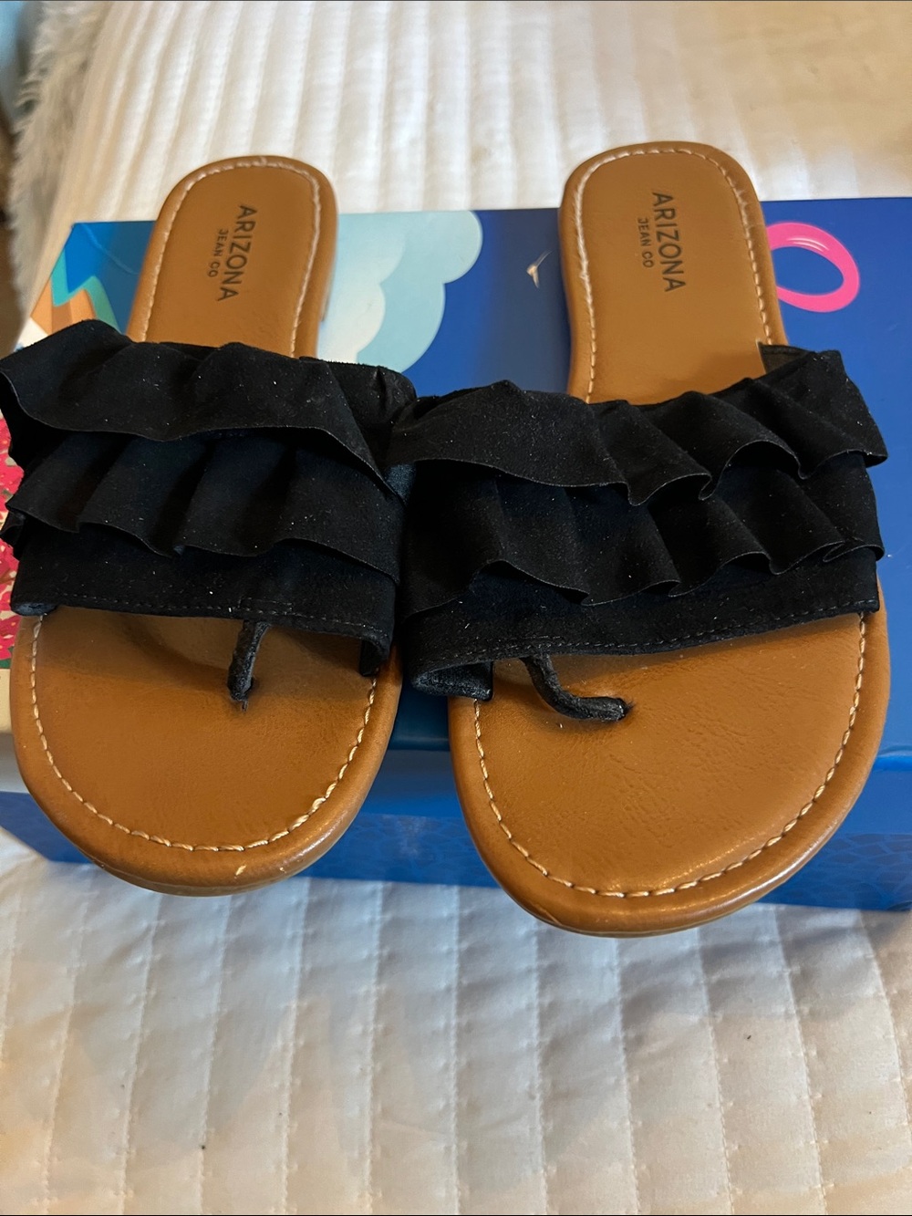 Arizona  black ruffle sandals.